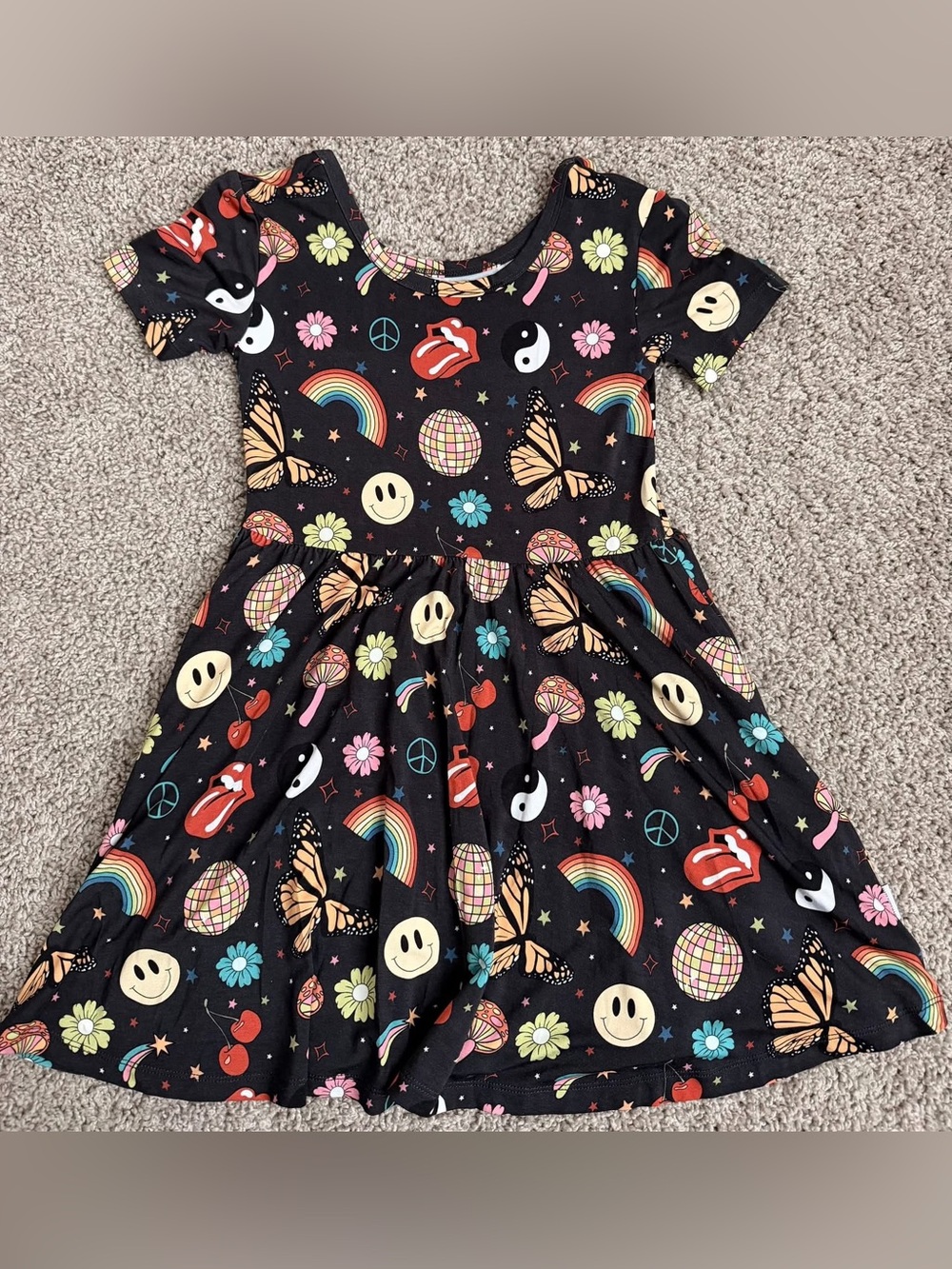 LAST CHANCE* Girls Black Rainbow & Butterfly Bamboo Dress 7/8